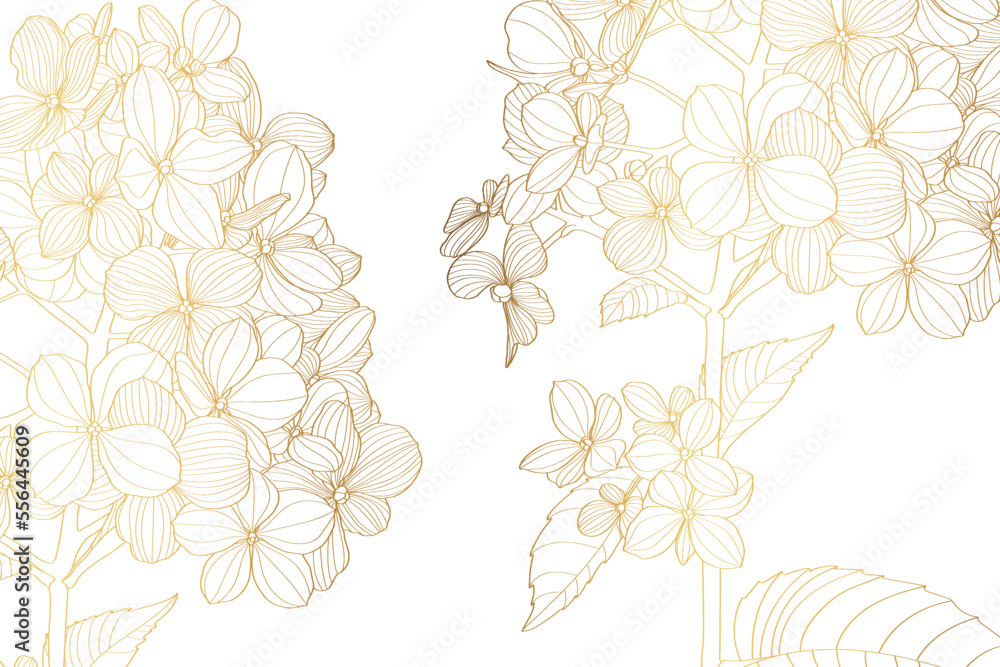 Luxury wallpaper design with golden hydrangea flower and natural background. Line design for wall art, fabrics, prints and background texture, illustration.