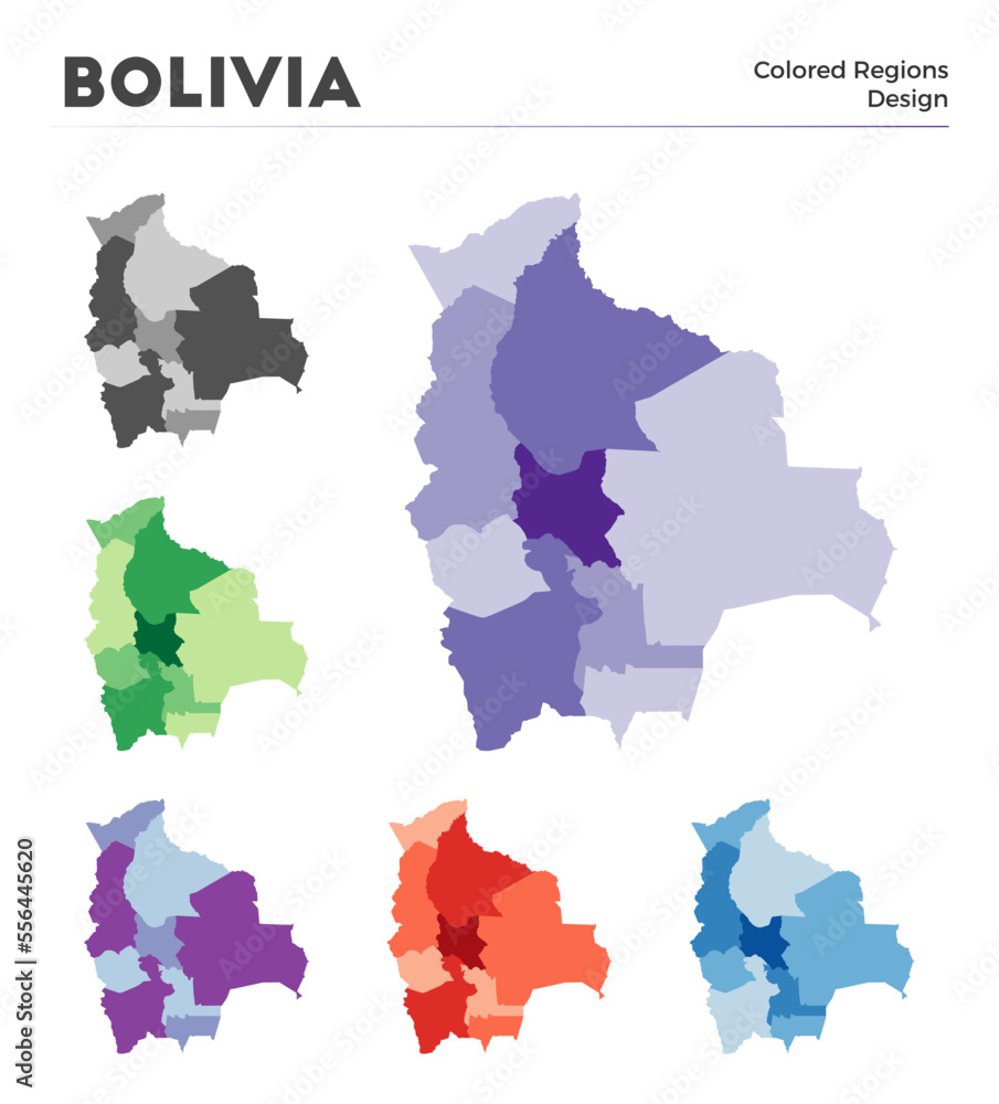 Bolivia map collection. Borders of Bolivia for your infographic. Colored country regions. Vector illustration.