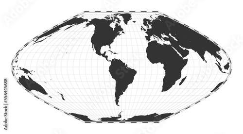Vector world map in McBryde-Thomas flat-polar sinusoidal equal-area projection. Plain geographical map with latitude and longitude lines, centered at 60 degrees East longitude.
