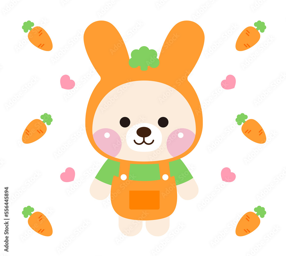 Rabbit character illustration set with cute and smiling expressions. The rabbit character is wearing a carrot hat and the background is a carrot and heart pattern. Rabbit character illustration set with cute and smiling expressions. The rabbit character is wearing a carrot hat and the background is a carrot and heart pattern.