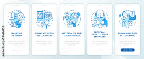 Communicate price increase blue onboarding mobile app screen. Walkthrough 5 steps editable graphic instructions with linear concepts. UI, UX, GUI template. Myriad Pro-Bold, Regular fonts used