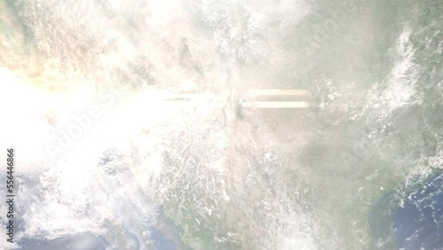 Earth zoom in from outer space to city. Zooming on Las Cruces, New Mexico, USA. The animation continues by zoom out through clouds and atmosphere into space. Images from NASA photo