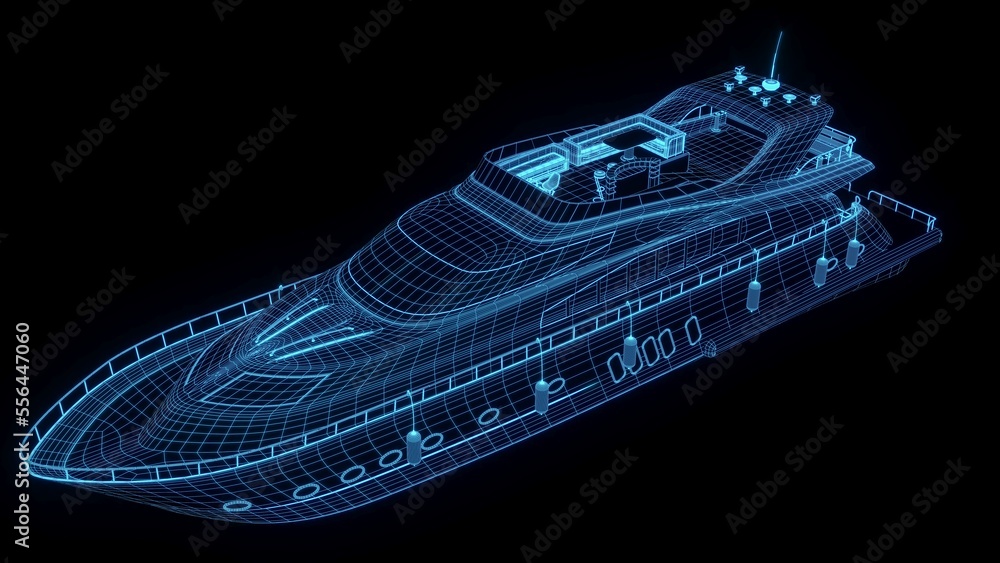 3D rendering illustration ship blueprint glowing neon hologram futuristic show technology security for premium product business finance transportation 3D rendering illustration ship blueprint glowing neon hologram futuristic show technology security for premium product business finance transportation