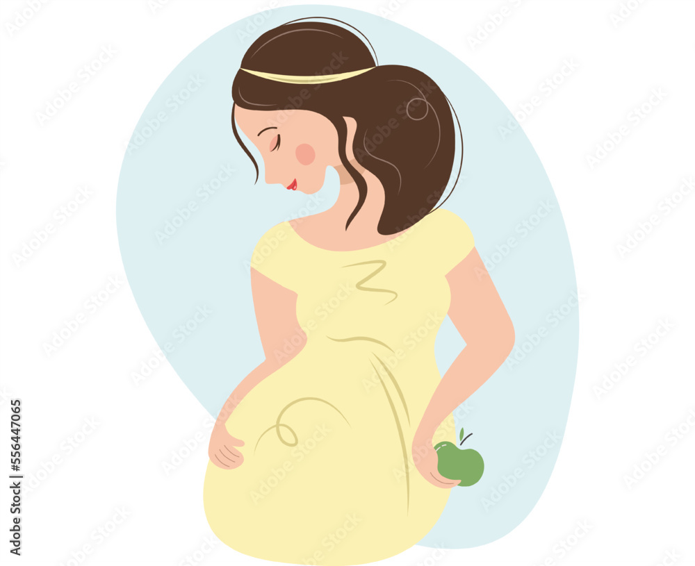 A cute and tender pregnant woman looks at her belly and holds a green apple. Vector illustration on a white and blue background. Hand on stomach. Flat isolated design. A cute and tender pregnant woman looks at her belly and holds a green apple. Vector illustration on a white and blue background. Hand on stomach. Flat isolated design.