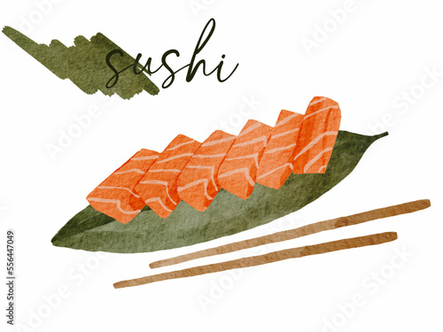 Watercolour salmon sashimi with chopstick on green leaf. Traditional raw fish asian food for promotion, banner, menu, flyer, ad, paper. Vector illustration 