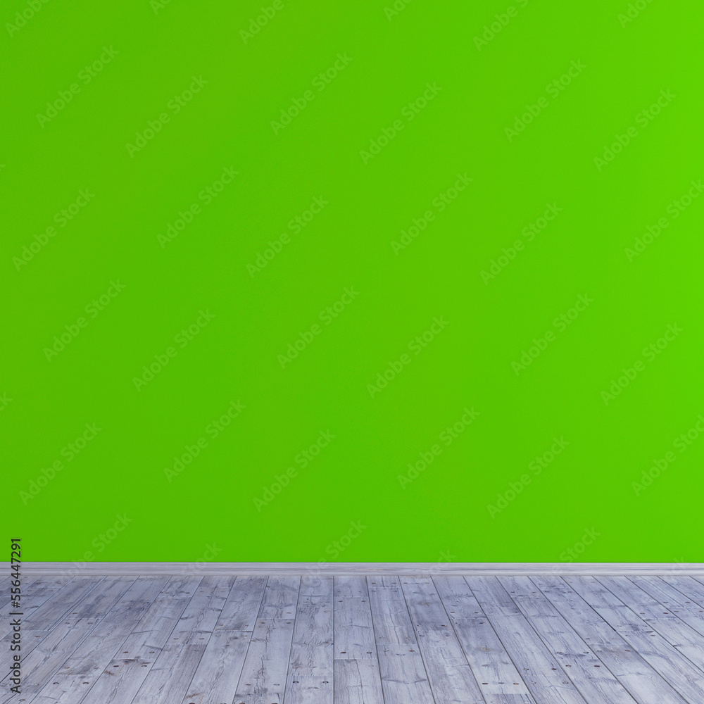 Green screen wall mockup with wooden floor, 3d rendering illustration scene background.