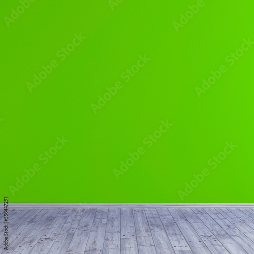 Green screen wall mockup with wooden floor  3d rendering illustration scene background.