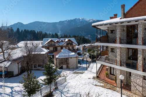 Fototapeta Naklejka Na Ścianę i Meble -  street view of snowy Elati village trikala greece.