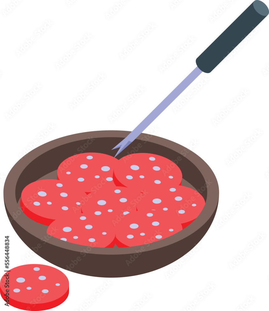 Sausage food fondue icon isometric vector. Cheese fork. Cooking pot Sausage food fondue icon isometric vector. Cheese fork. Cooking pot