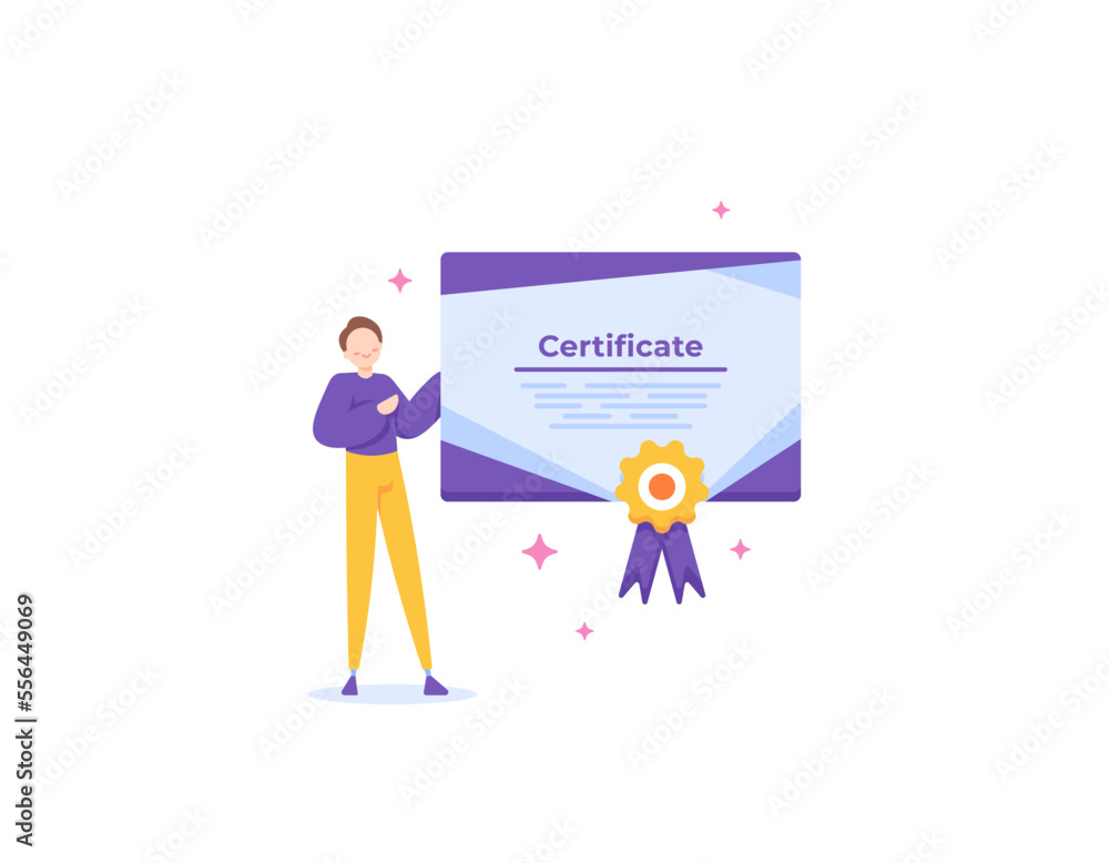 e-certificate or electronic certificate. certification. digital documents. a man or businessman gets a certificate as proof of having attended and completed a training or seminar. illustration concept