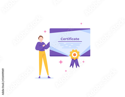 e-certificate or electronic certificate. certification. digital documents. a man or businessman gets a certificate as proof of having attended and completed a training or seminar. illustration concept