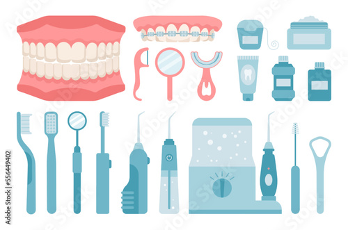 Oral hygiene concept. Dental cleaning tools set. Equipment for keeping