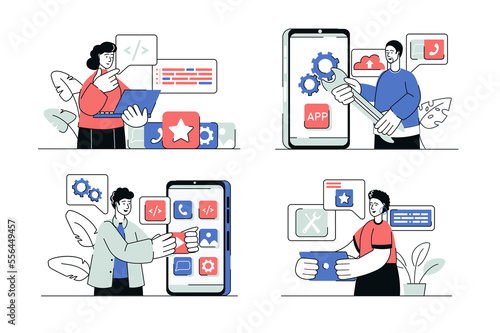 App development concept set in flat line design. Men and women create mobile applications and user interfaces, coding and optimize programs. Illustration with outline people scene for web © Andrey