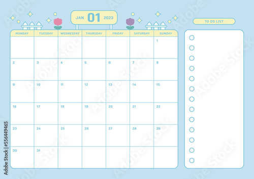 January 2023 calendar template design illustration in colorful and cute style. Notes, scheduler, diary, calendar, memo, planner document template background. 