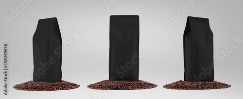 Mockup of black coffee pouch on coffee beans, zip gusset packaging with degassing valve, for design, branding, advertising. Set