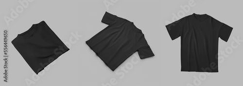 Mockup of black t-shirt oversize, folded, wrinkled clothing for men, women, isolated on background, front. Set.