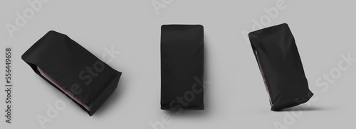 Canvastavla Black coffee pouch mockup, gusset packaging with transparent side inserts, isolated on background, set