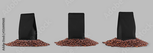 Mockup of a black coffee pouch on coffee beans, zip doypack gusset, for design, branding, advertising. Set