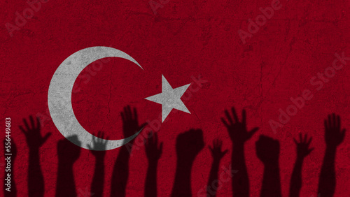 Protesters hands shadow on Turkey flag, political news banner, against the decision concept photo