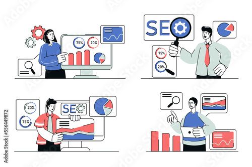 Seo analysis concept set in flat line design. Men and women analyze website data, traffic speed, keywords and other information, optimize pages. Illustration with outline people scene for web © Andrey