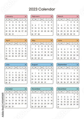 This is a simple style annual planner with a year 12 month calendar for 2023. Note  scheduler  diary  calendar planner document template illustration.