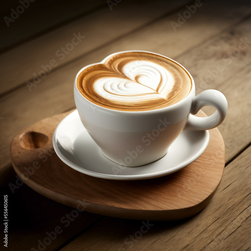 White coffee cup with heart-shaped latte art, close-up