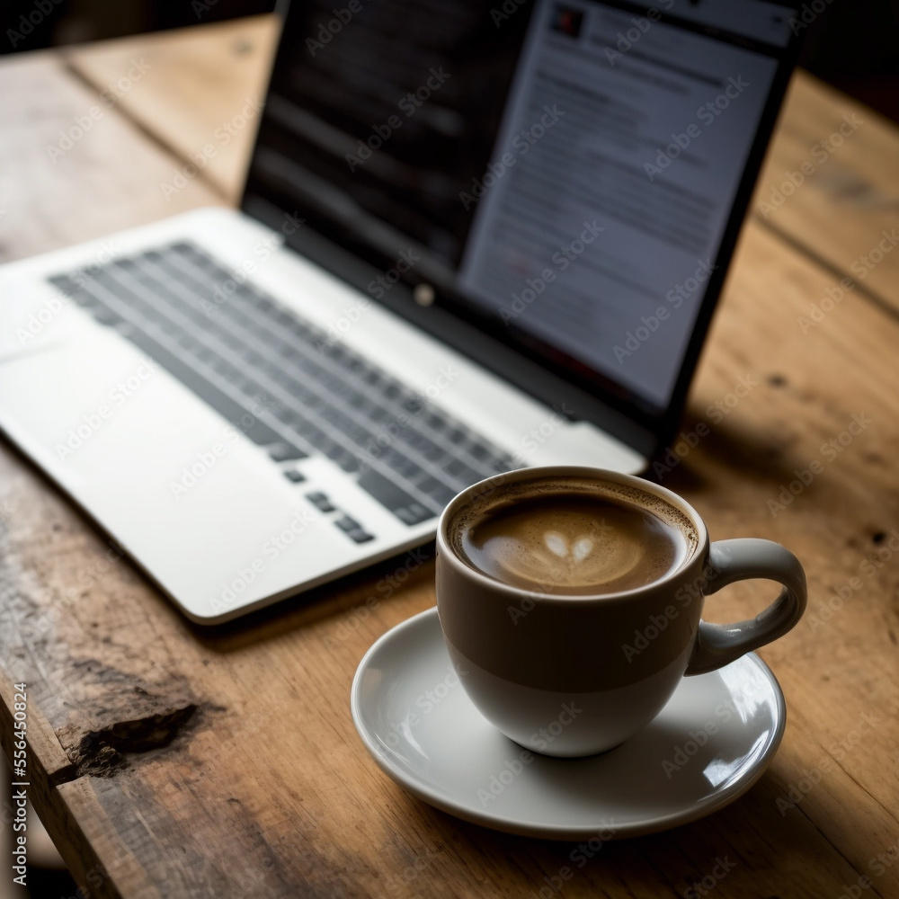 Cup of coffee and laptop on wooden table Cup of coffee and laptop on wooden table