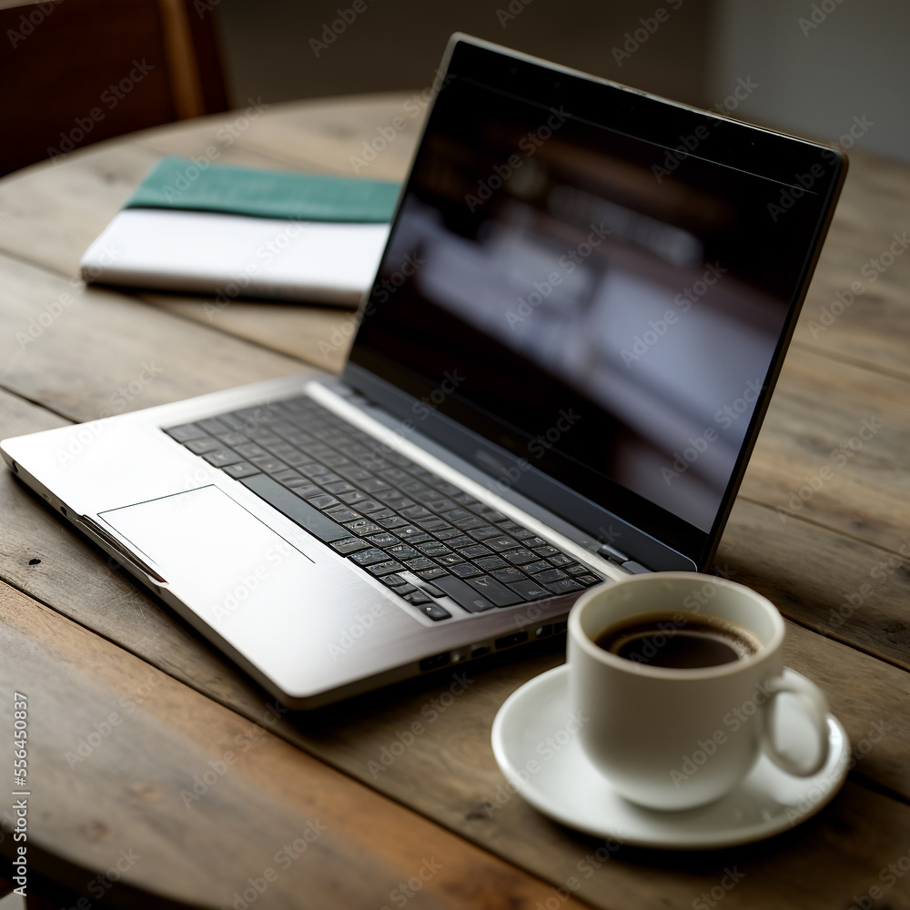 Cup of coffee and laptop on wooden table Cup of coffee and laptop on wooden table