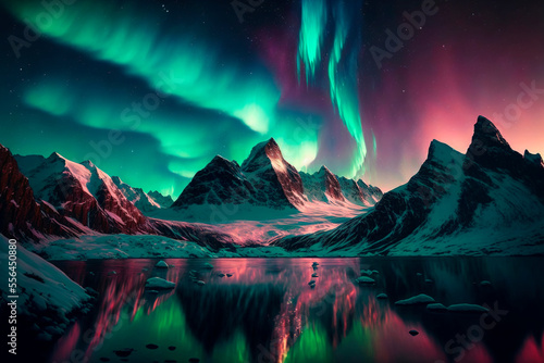 Beautiful northern lights fantasy landscape. Aurora borealis above mountains. AI 