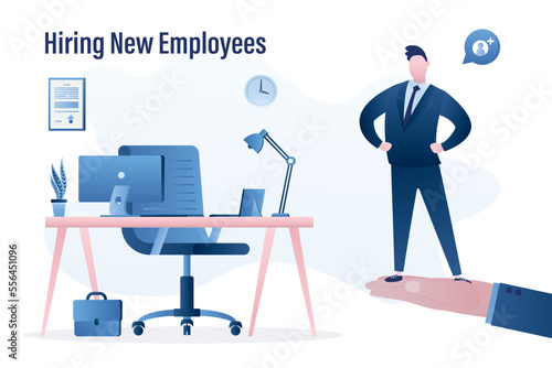 Search and hiring of new employees. HR agent hand holds the job seeker. Recruiting process, concept. Job vacancy. Employment, male job applicant need work. Career ladder.