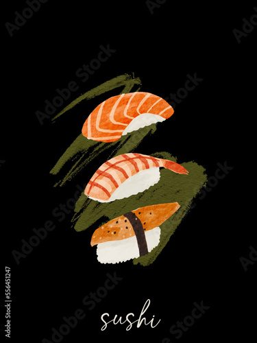 Watercolour sushi set on black background. Salmon, eel and shrimp  nigiri roll collection. Japanese asian food with abstract shape artwork. Vector illustration