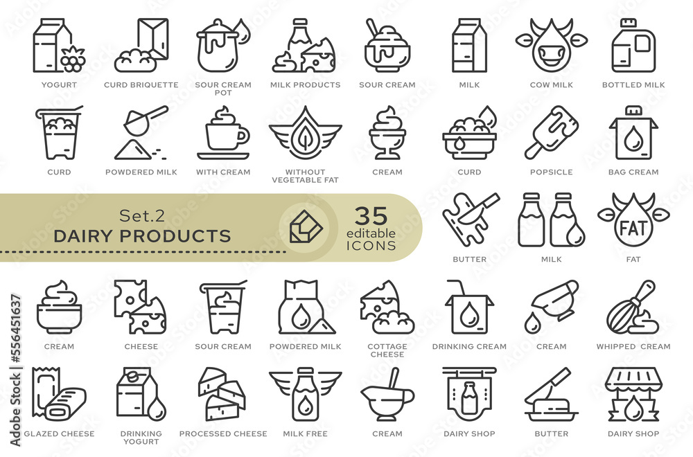 Set of conceptual icons. Vector icons in flat linear style for web sites, applications and other graphic resources. Set from the series - Dairy Products. Editable outline icon. Set of conceptual icons. Vector icons in flat linear style for web sites, applications and other graphic resources. Set from the series - Dairy Products. Editable outline icon.