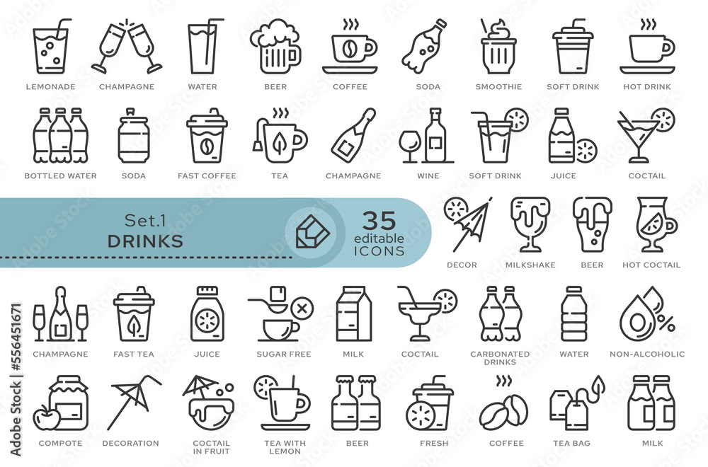 Set of conceptual icons. Vector icons in flat linear style for web sites, applications and other graphic resources. Set from the series - Drinks. Editable outline icon.