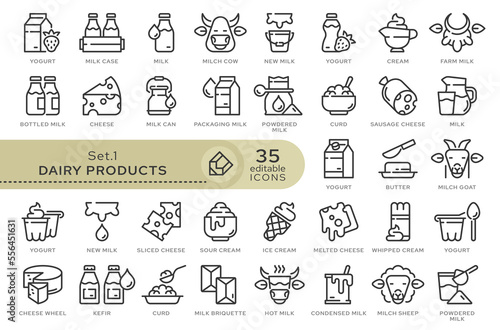 Set of conceptual icons. Vector icons in flat linear style for web sites, applications and other graphic resources. Set from the series - Dairy Products. Editable outline icon. 