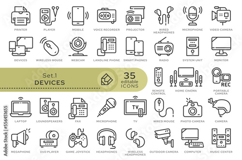 Set of conceptual icons. Vector icons in flat linear style for web sites, applications and other graphic resources. Set from the series - Devices. Editable outline icon.	