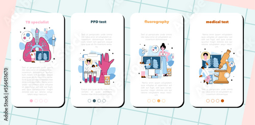 Tuberculosis specialist mobile application banner set. Human pulmonary system