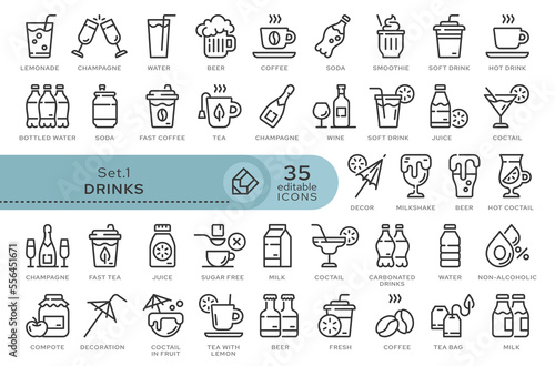 Set of conceptual icons. Vector icons in flat linear style for web sites, applications and other graphic resources. Set from the series - Drinks. Editable outline icon.