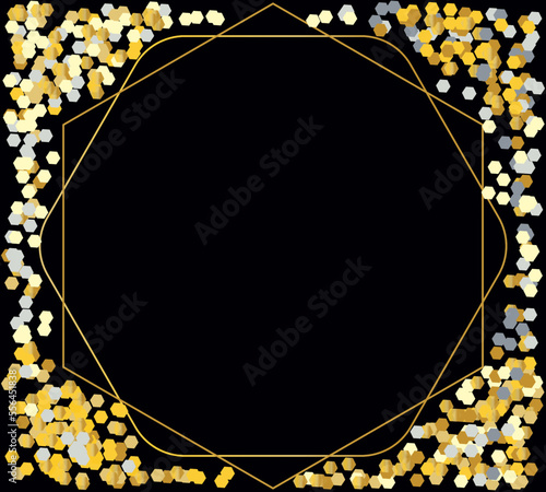 golden and silver glittery hexagon on black background. shimmer spread on black background with frame