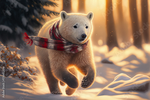 Polar bear with scarf in the sunset light