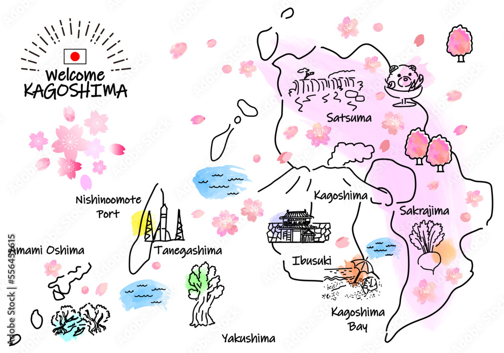 Obraz premium 春の鹿児島県の観光地のシンプル線画イラストマップ（ピンク）