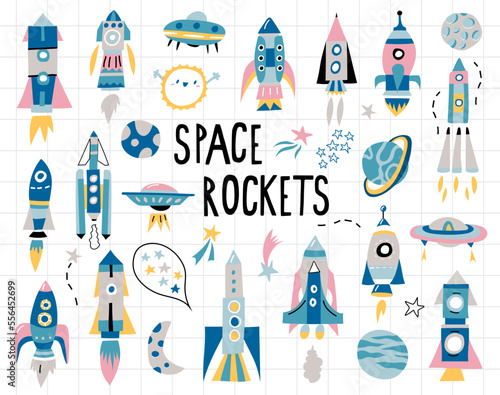 vector children's space set for boys made of rockets, planets, stars of gray blue yellow pink colors on a white background for children's wallpapers, posters, textiles © Naticuteart