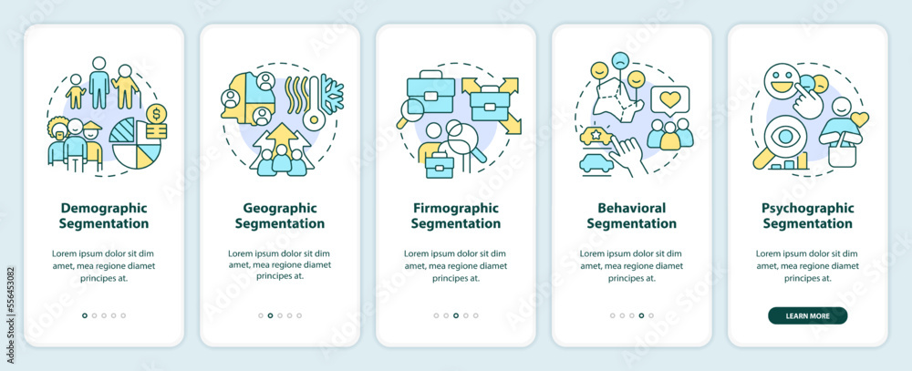 Type of market segmentation onboarding mobile app screen. Walkthrough 5 steps editable graphic instructions with linear concepts. UI, UX, GUI template. Myriad Pro-Bold, Regular fonts used