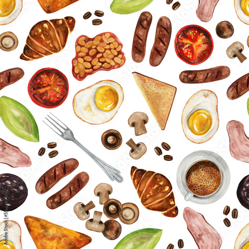 Traditional English Breakfast Seamless Pattern, Watercolor Breakfast print, Morning meal background, Fried eggs, bacon, toast, tomato, mushrooms, baked beans, sausages, black pudding © VitaZukaArt
