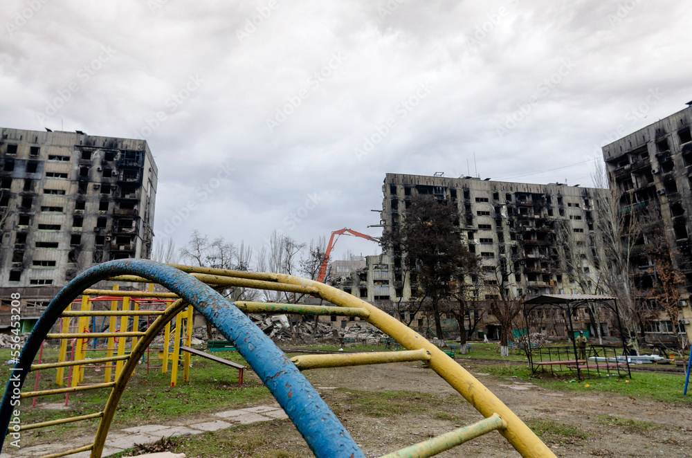 destroyed and burned houses in the city Russia Ukraine war destroyed and burned houses in the city Russia Ukraine war