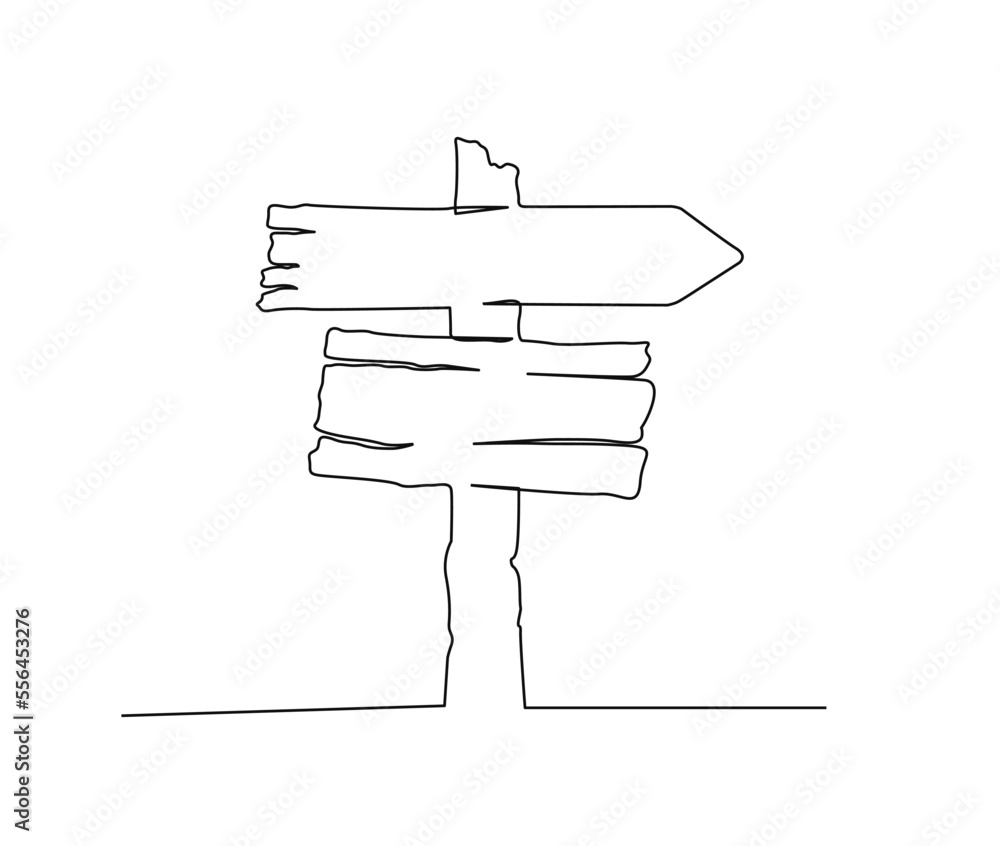 Continuous one line drawing of road direction sign arrows. Textured wooden information sign board hand drawn vector illustration. Continuous one line drawing of road direction sign arrows. Textured wooden information sign board hand drawn vector illustration.