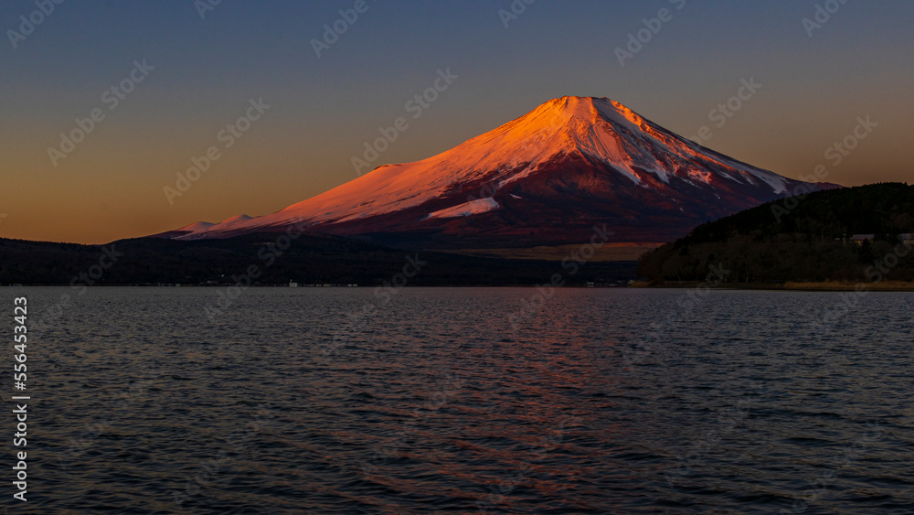赤く染まる富士山　山中湖　絶景