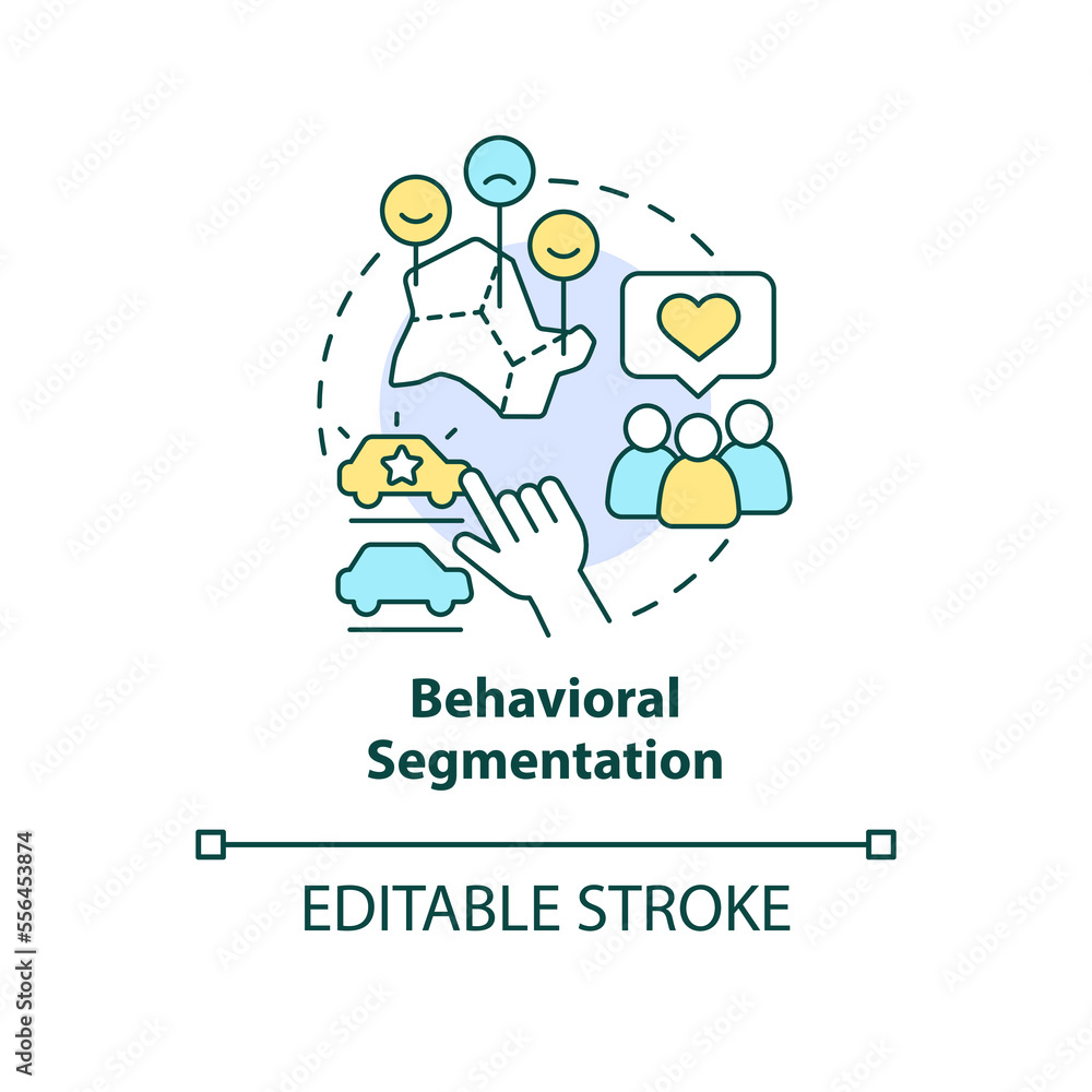 Behavioral segmentation concept icons set. Customer. Type of market segmentation abstract idea thin line illustration. Isolated outline drawing. Editable stroke. Arial, Myriad Pro-Bold fonts used