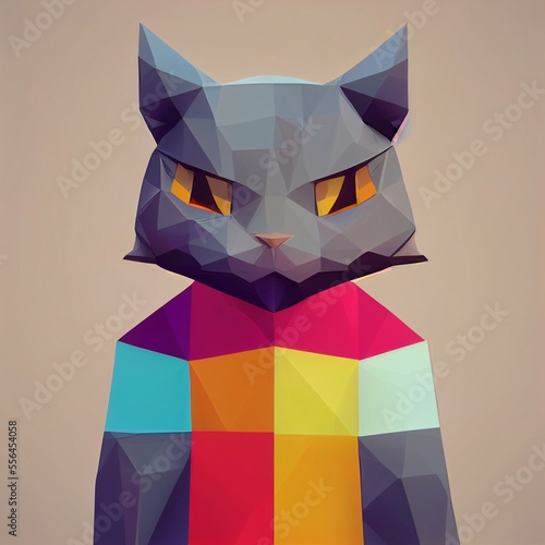 Cute grey cat character wearing sweatshirt with draphic design stands on isolated background photo