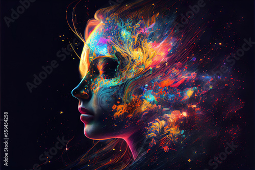 beautiful fantasy abstract portrait of a beautiful woman double exposure with a colorful digital paint splash or space nebula, generative ai