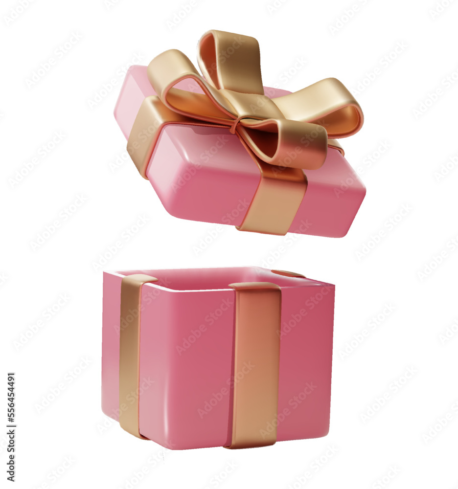 Pink gifts box open 3d render. box with gold glossy ribbon isolated on ...